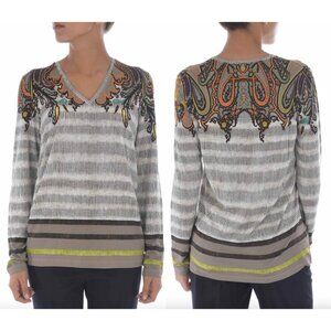 ETRO Multi-Color Geometric Striped V-Neck Shirt size 6
